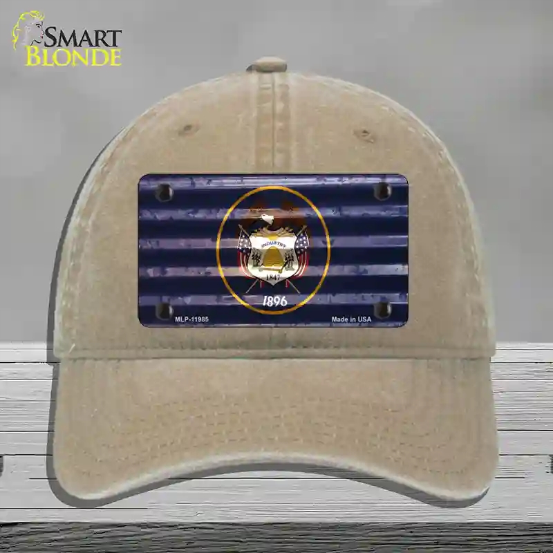 HAT09-MLP-11985 Utah Corrugated Flag Novelty License Plate Hat, Unconstructed Cotton - Khaki