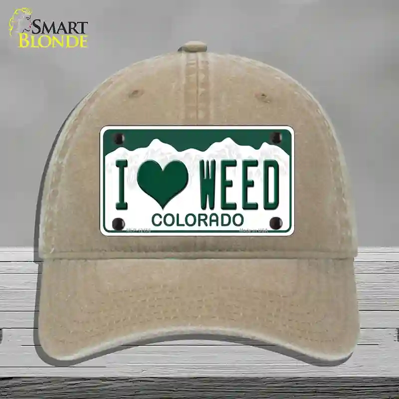 HAT09-MLP-12156 I Love Weed Colorado Novelty License Plate Hat, Unconstructed Cotton - Khaki