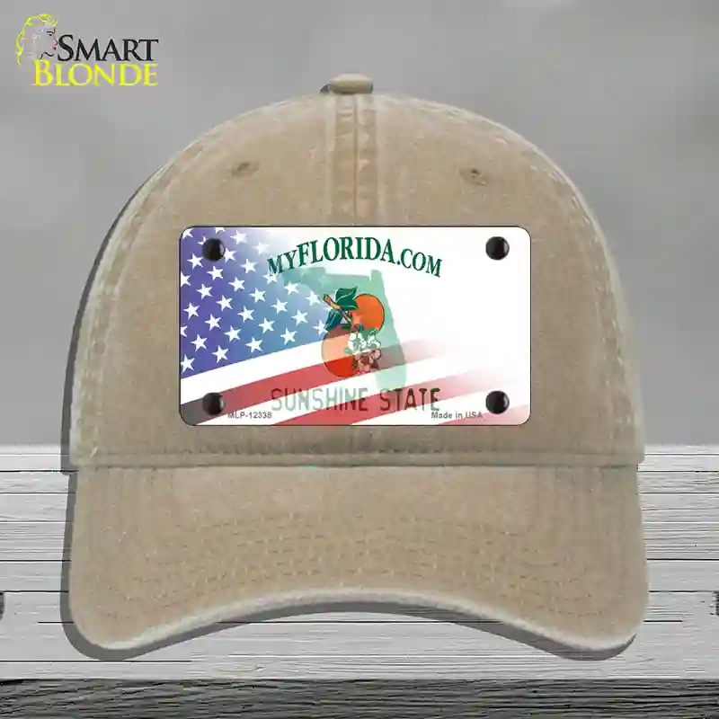 HAT09-MLP-12338 Florida with American Flag Novelty License Plate Hat, Unconstructed Cotton - Khaki
