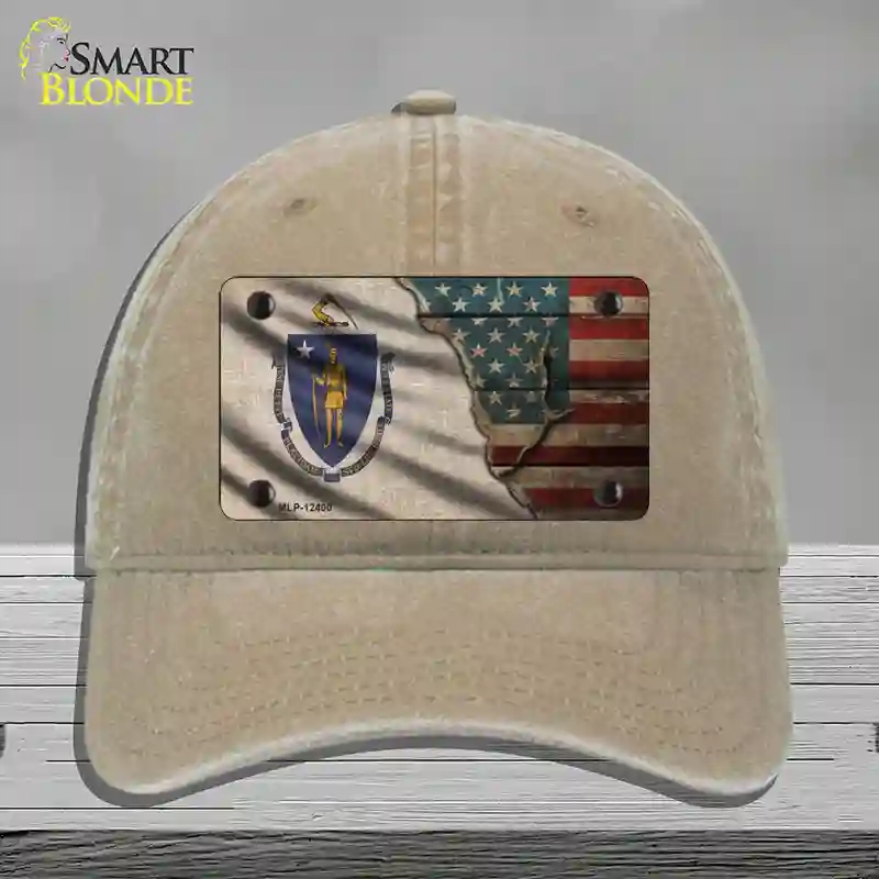 HAT09-MLP-12400 Massachusetts & American Flag Novelty License Plate Hat, Unconstructed Cotton - Khaki