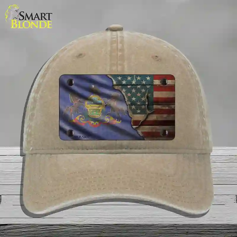 HAT09-MLP-12417 Pennsylvania & American Flag Novelty License Plate Hat, Unconstructed Cotton - Khaki