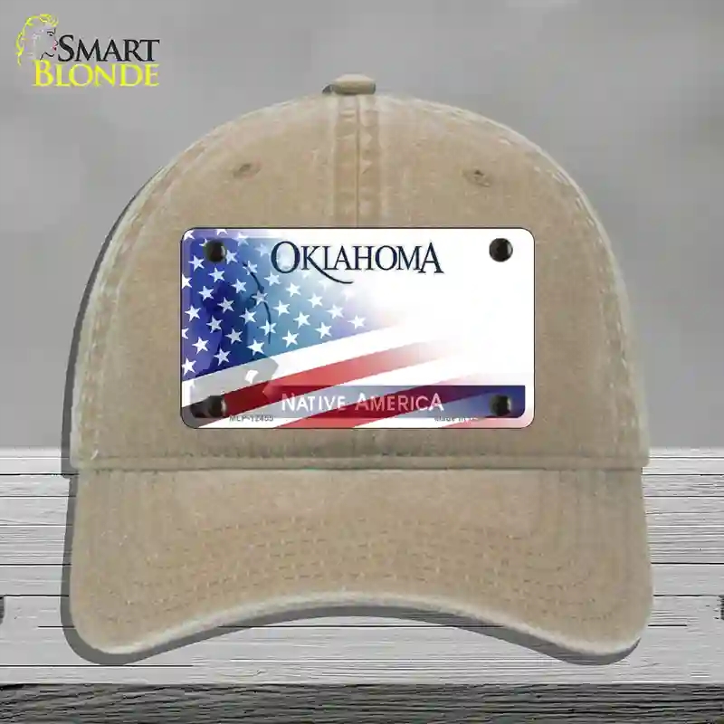 HAT09-MLP-12455 Oklahoma Bow with American Flag Novelty License Plate Hat, Unconstructed Cotton - Khaki