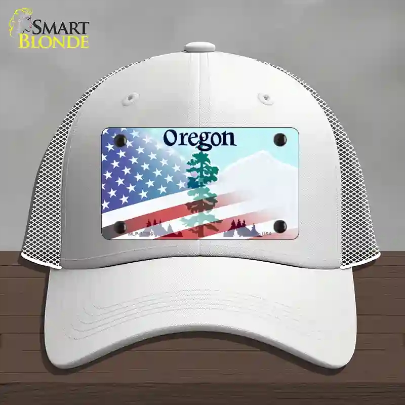 HAT19-MLP-12366 Oregon with American Flag Novelty License Plate Hat, Mesh - White