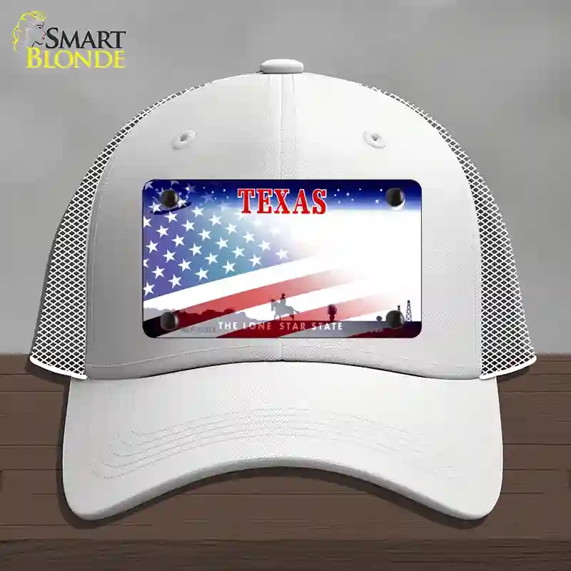 HAT19-MLP-12372 Texas with American Flag Novelty License Plate Hat, Mesh - White