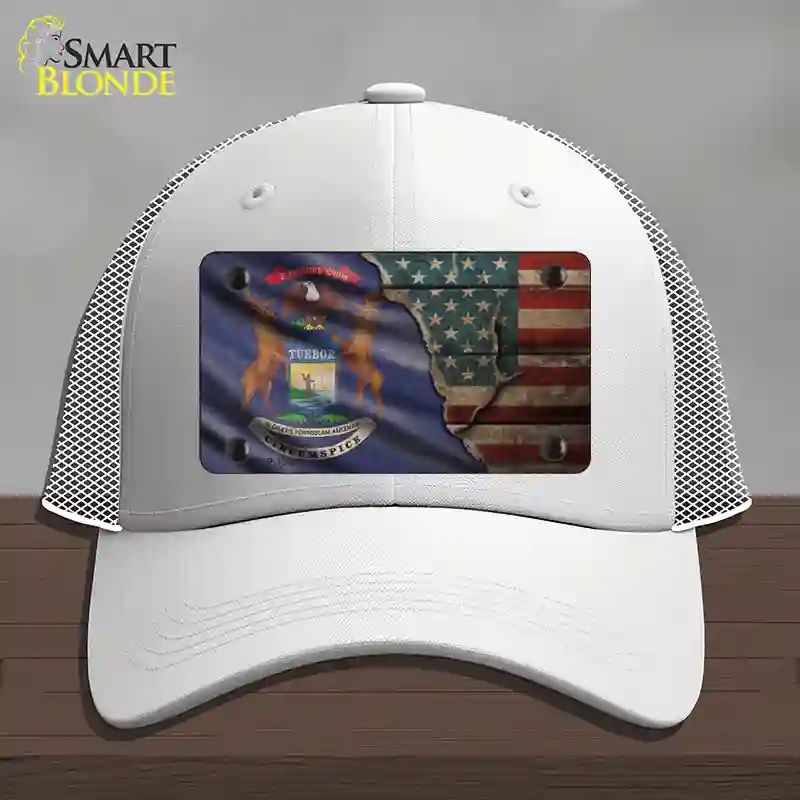 HAT19-MLP-12401 Michigan & American Flag Novelty License Plate Hat, Mesh - White