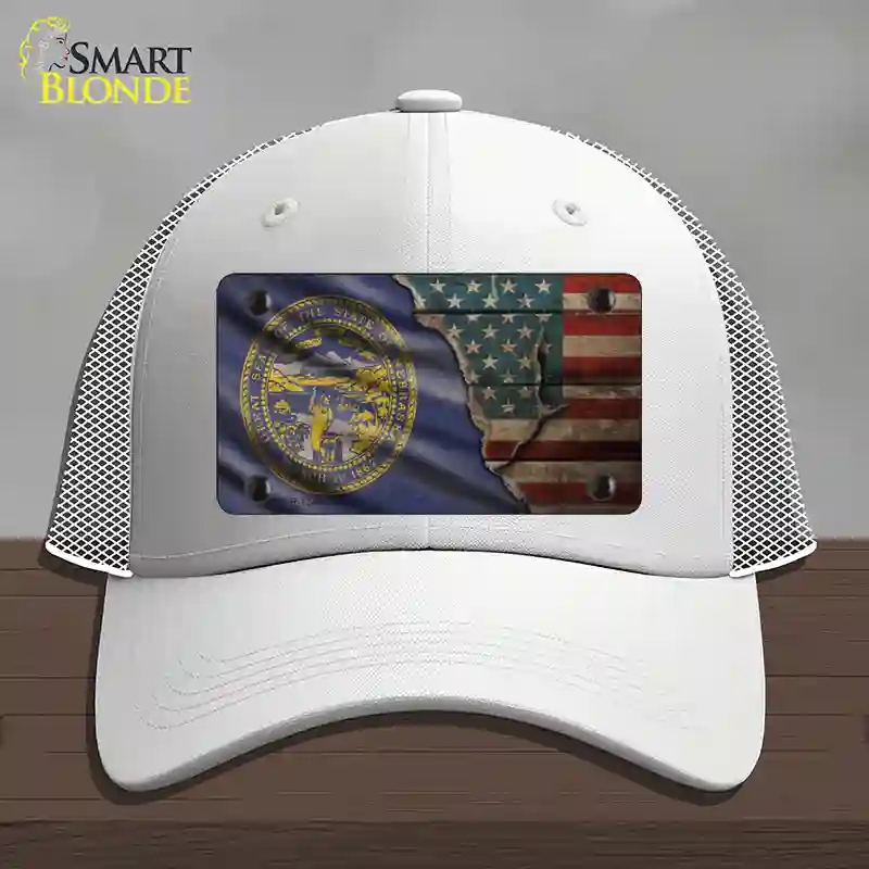 HAT19-MLP-12406 Nebraska & American Flag Novelty License Plate Hat, Mesh - White