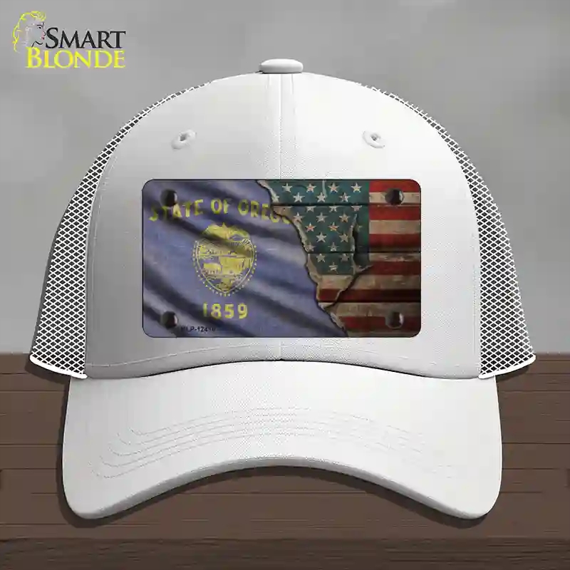 HAT19-MLP-12416 Oregon & American Flag Novelty License Plate Hat, Mesh - White