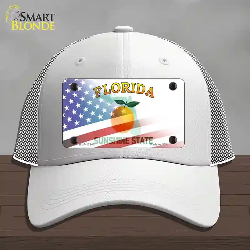 HAT19-MLP-12446 Florida Orange with American Flag Novelty License Plate Hat, Mesh - White