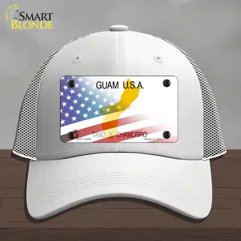 HAT19-MLP-12480 Guam with American Flag Novelty License Plate Hat, Mesh - White
