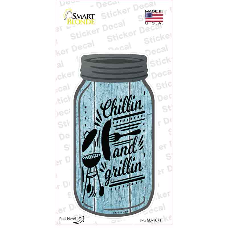 MJ-167s-M Chilling & Grilling Blue Novelty Mason Jar Sticker Decal, Medium