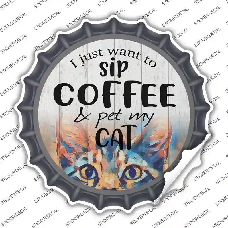 BC-1364s-S Sip Coffee & Pet Cat Novelty Bottle Cap Sticker Decal, Small