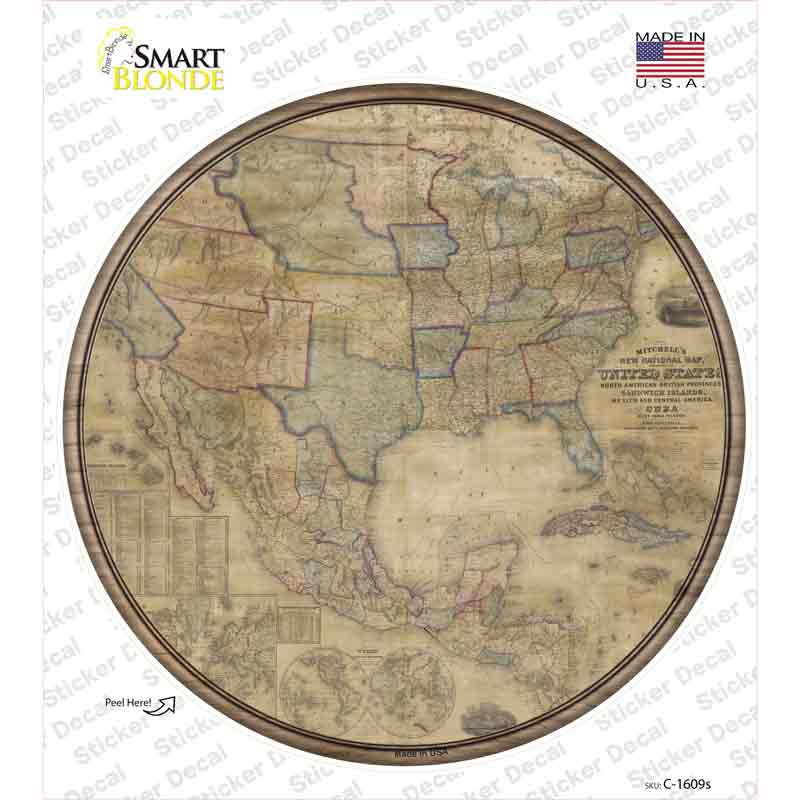C-1609s-M United States Map Novelty Circle Sticker Decal, Medium