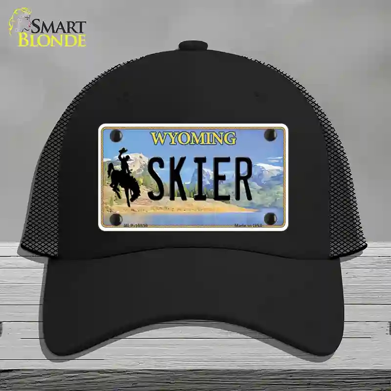 HAT01-MLP-10539 Skier Wyoming Novelty License Plate Hat, Mesh - Black