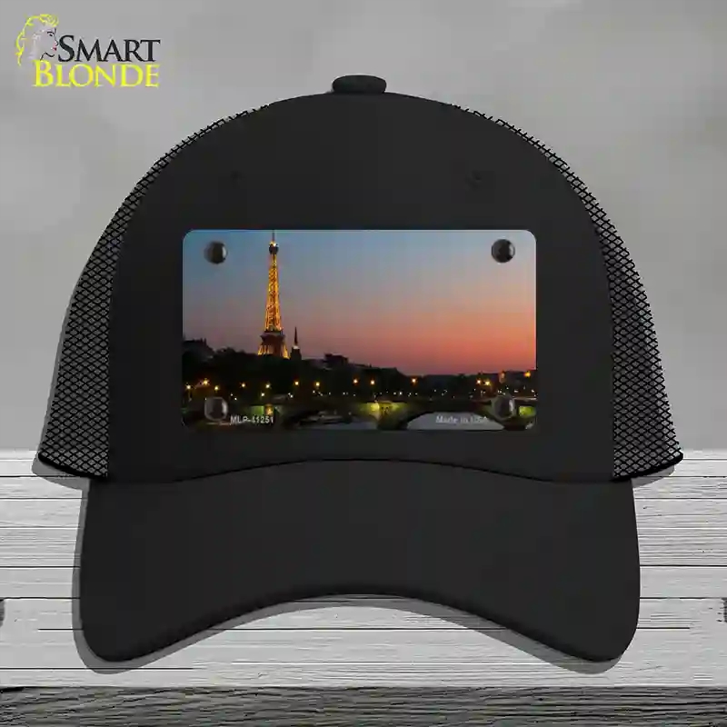 HAT01-MLP-11251 Eiffel Tower Night with River & Bridge Novelty License Plate Hat, Mesh - Black