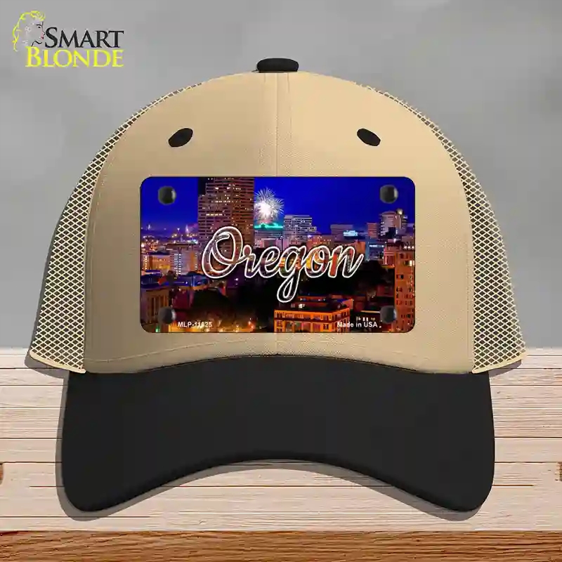 HAT02-MLP-11625 Oregon Firework City Lights State Novelty License Plate Hat, Mesh - Khaki & Black
