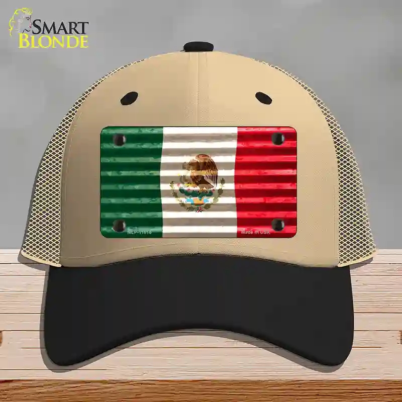 HAT02-MLP-11816 Mexico Flag Novelty License Plate Hat, Mesh - Khaki & Black
