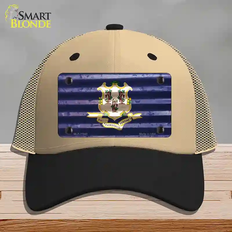 HAT02-MLP-11948 Connecticut Corrugated Flag Novelty License Plate Hat, Mesh - Khaki & Black