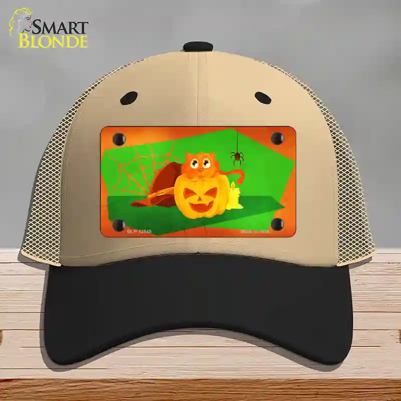 HAT02-MLP-12048 Pumpkin Kitty Novelty License Plate Hat, Mesh - Khaki & Black