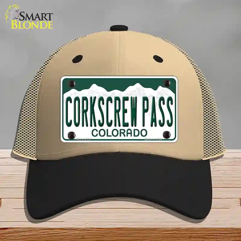 HAT02-MLP-12151 Corkscrew Pass Colorado Novelty License Plate Hat, Mesh - Khaki & Black