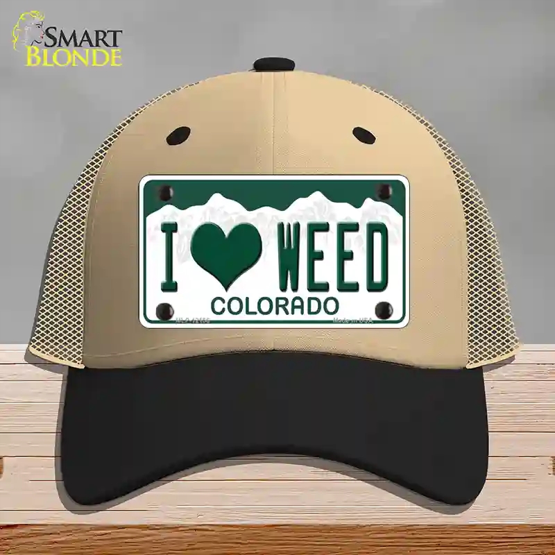 HAT02-MLP-12156 I Love Weed Colorado Novelty License Plate Hat, Mesh - Khaki & Black