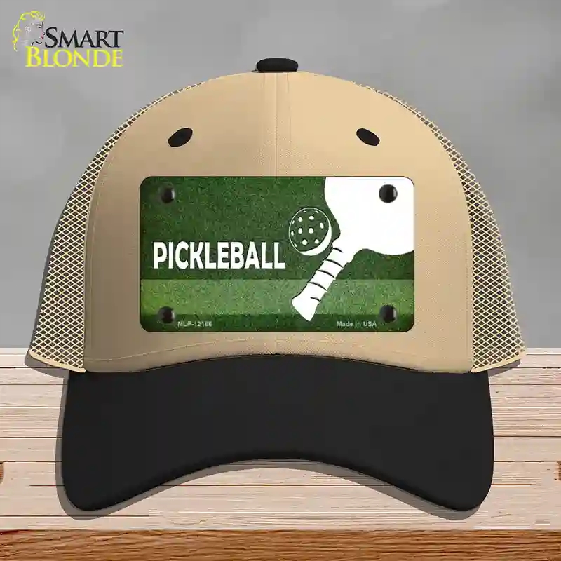 HAT02-MLP-12186 Pickleball Novelty License Plate Hat, Mesh - Khaki & Black
