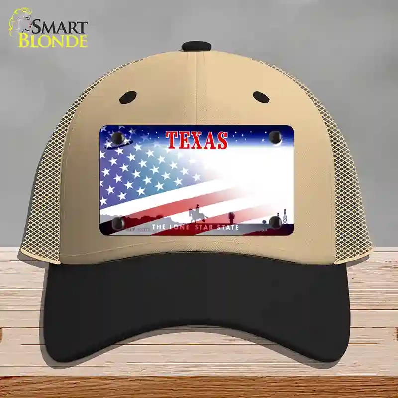 HAT02-MLP-12372 Texas with American Flag Novelty License Plate Hat, Mesh - Khaki & Black
