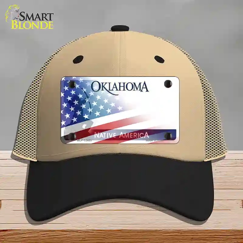 HAT02-MLP-12455 Oklahoma Bow with American Flag Novelty License Plate Hat, Mesh - Khaki & Black