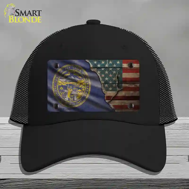 HAT01-MLP-12406 Nebraska & American Flag Novelty License Plate Hat, Mesh - Black