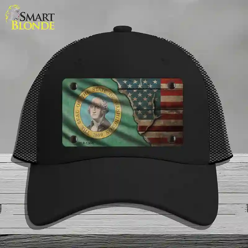 HAT01-MLP-12426 Washington & American Flag Novelty License Plate Hat, Mesh - Black