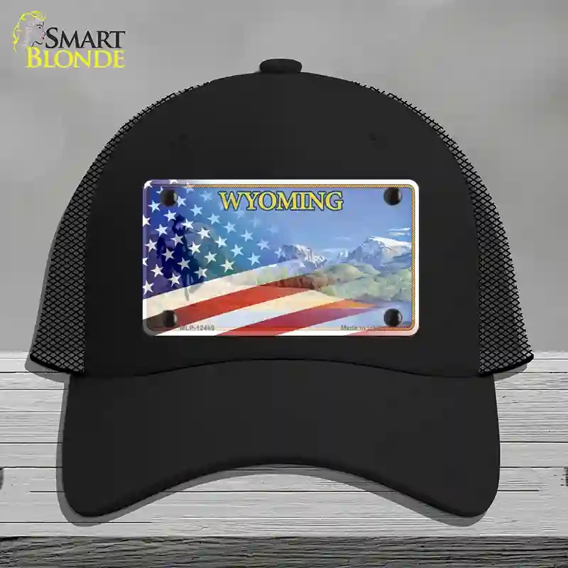 HAT01-MLP-12469 Wyoming State with American Flag Novelty License Plate Hat, Mesh - Black