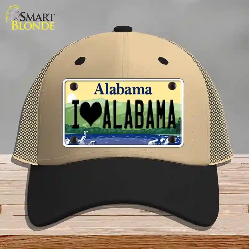 HAT02-MLP-10013 I Love Alabama Novelty License Plate Hat, Mesh - Khaki & Black