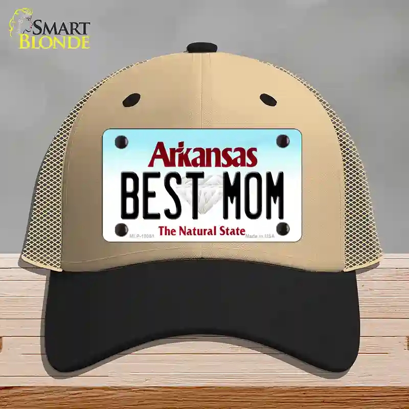 HAT02-MLP-10061 Best Mom Arkansas Novelty License Plate Hat, Mesh - Khaki & Black