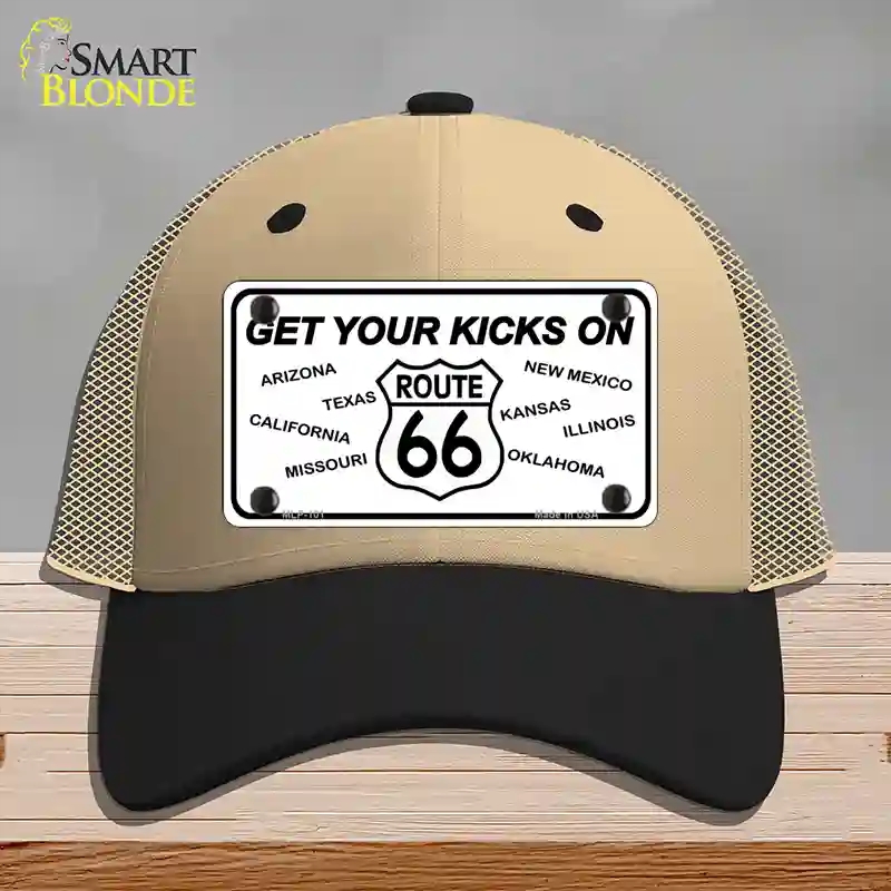 HAT02-MLP-101 Get Your Kicks on 66 Novelty License Plate Hat, Mesh - Khaki & Black