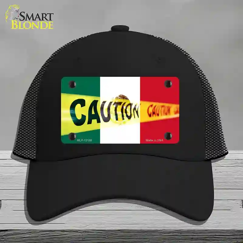HAT01-MLP-12188 Caution Mexico Flag Novelty License Plate Hat, Mesh - Black