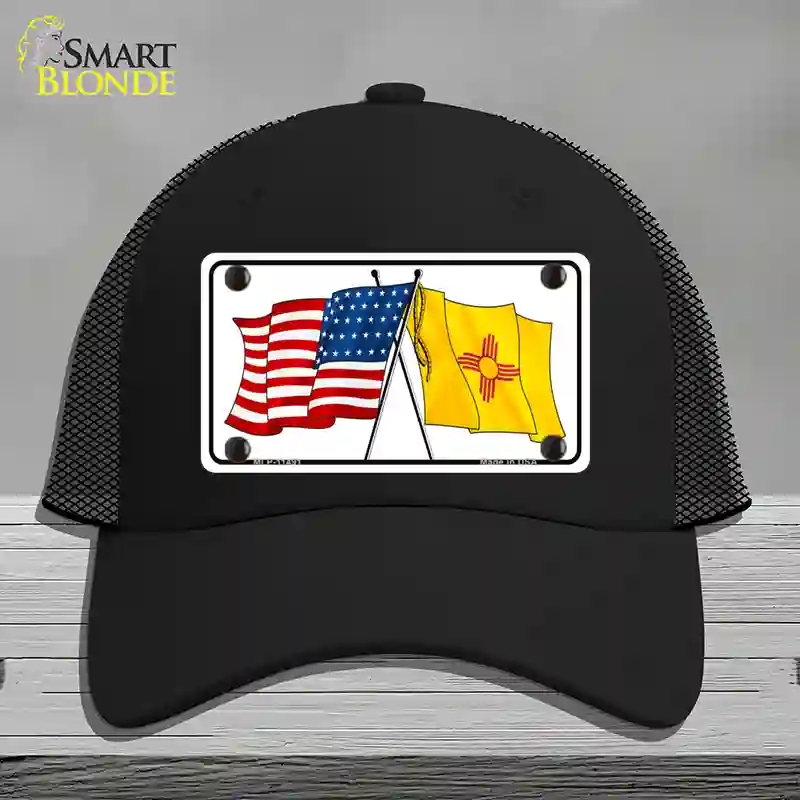 HAT01-MLP-11491   Mexico Crossed US Flag Novelty License Plate Hat, Mesh - Black