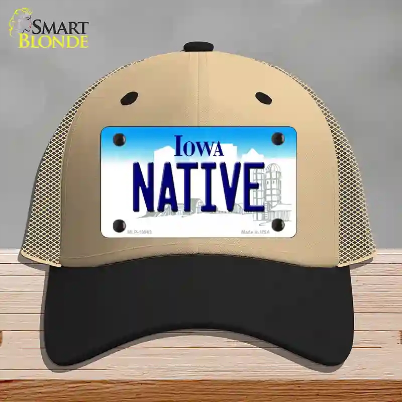 HAT02-MLP-10963 Native Iowa Novelty License Plate Hat, Mesh - Khaki & Black