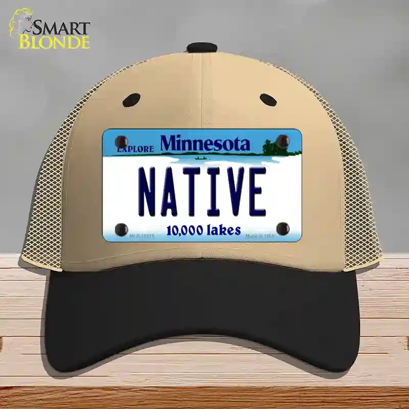 HAT02-MLP-11073 Native Minnesota State Novelty License Plate Hat, Mesh - Khaki & Black