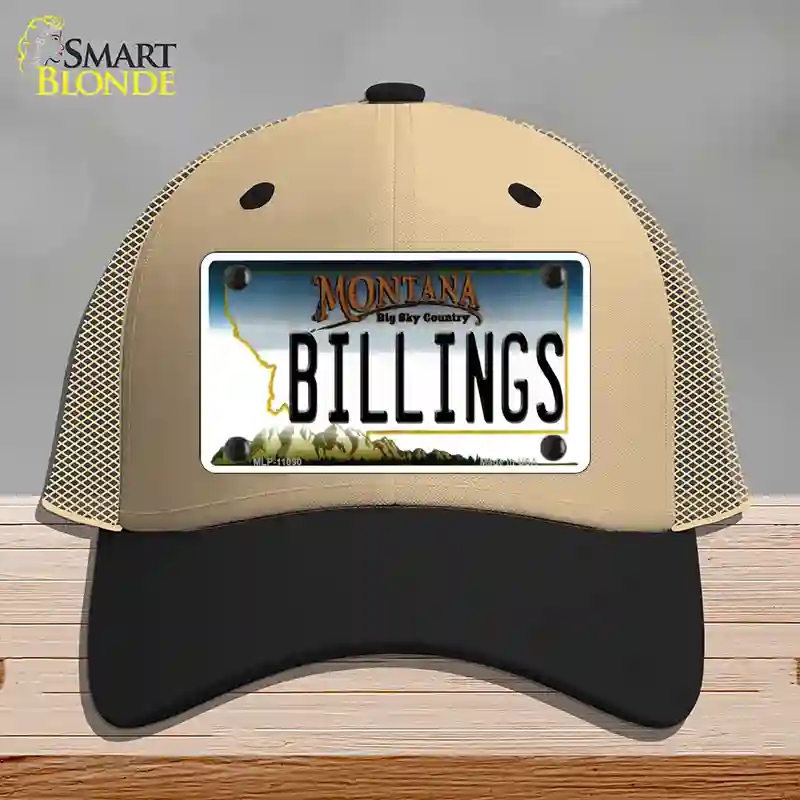 HAT02-MLP-11090 Billings Montana State Novelty License Plate Hat, Mesh - Khaki & Black