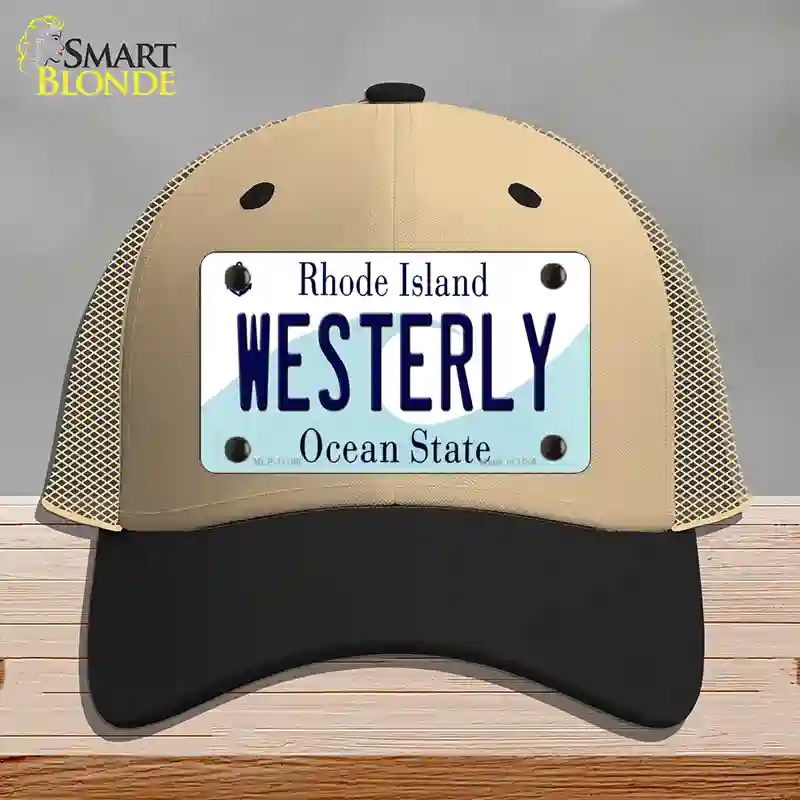 HAT02-MLP-11188 Westerly Rhode Island State Novelty License Plate Hat, Mesh - Khaki & Black