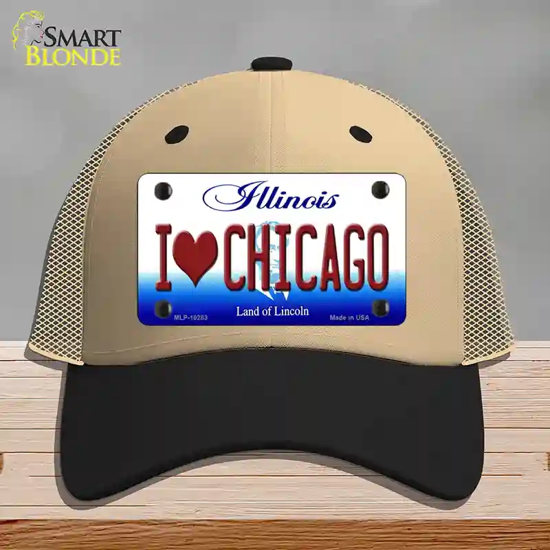 HAT02-MLP-10283 I Love Chicago Illinois Novelty License Plate Hat, Mesh - Khaki & Black