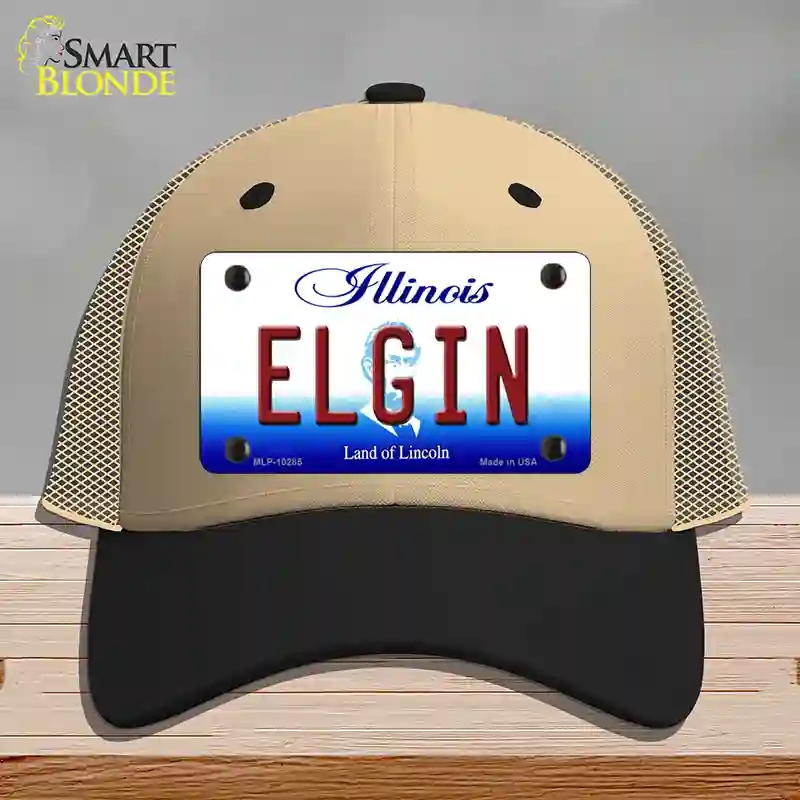 HAT02-MLP-10285 Elgin Illinois Novelty License Plate Hat, Mesh - Khaki & Black