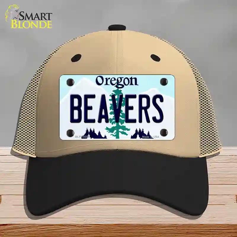 HAT02-MLP-10356 Beavers Oregon Novelty License Plate Hat, Mesh - Khaki & Black