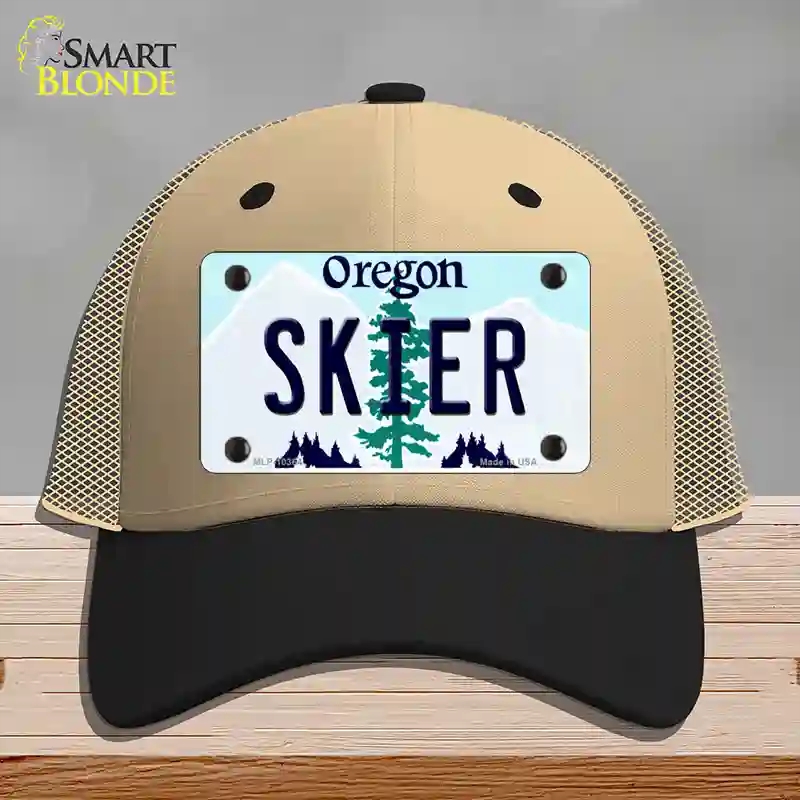 HAT02-MLP-10364 Skier Oregon Novelty License Plate Hat, Mesh - Khaki & Black
