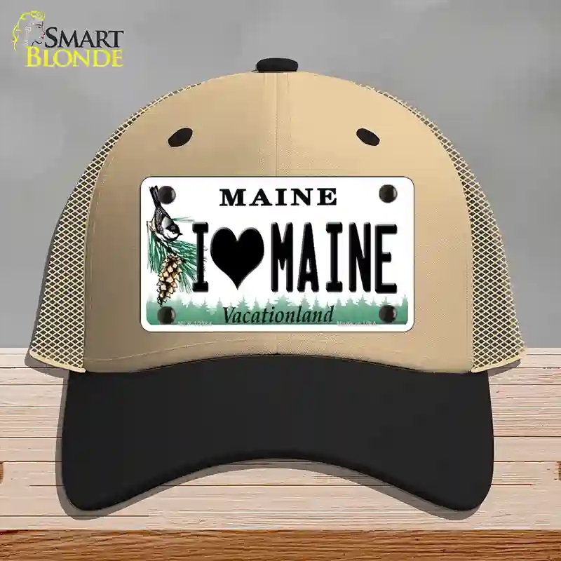 HAT02-MLP-10384 I Love Maine Novelty License Plate Hat, Mesh - Khaki & Black