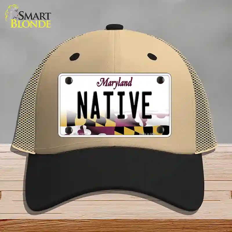 HAT02-MLP-10497 Native Maryland Novelty License Plate Hat, Mesh - Khaki & Black