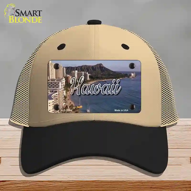 HAT02-MLP-11594 Hawaii Beach State Novelty License Plate Hat, Mesh - Khaki & Black
