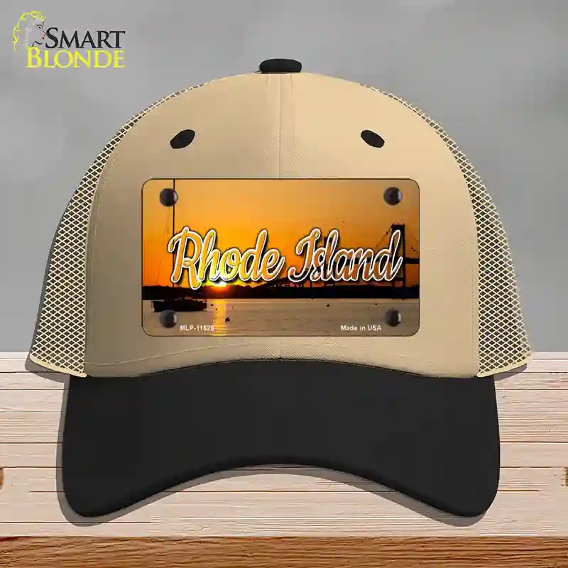 HAT02-MLP-11628 Rhode Island River Sunset State Novelty License Plate Hat, Mesh - Khaki & Black