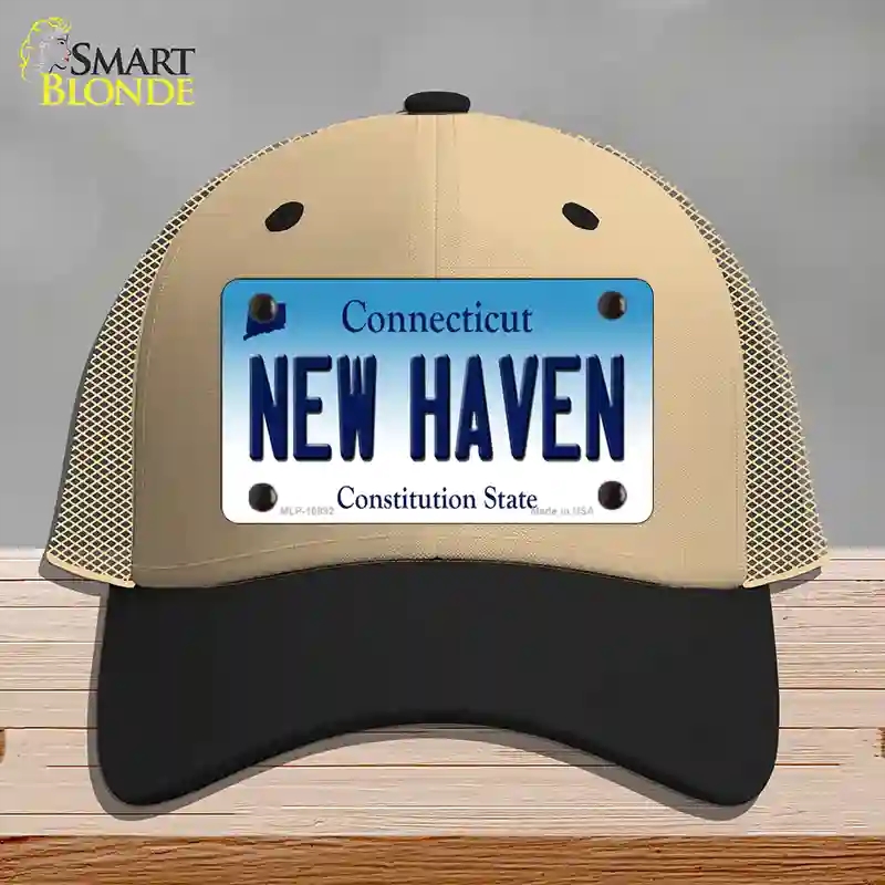 HAT02-MLP-10892   Haven Connecticut Novelty License Plate Hat, Mesh - Khaki & Black
