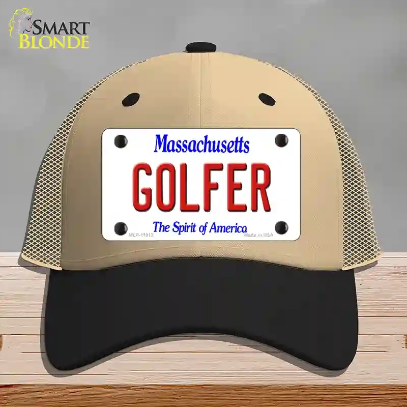 HAT02-MLP-11012 Golfer Massachusetts Novelty License Plate Hat, Mesh - Khaki & Black