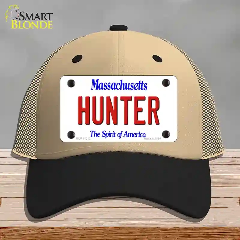 HAT02-MLP-11013 Hunter Massachusetts Novelty License Plate Hat, Mesh - Khaki & Black